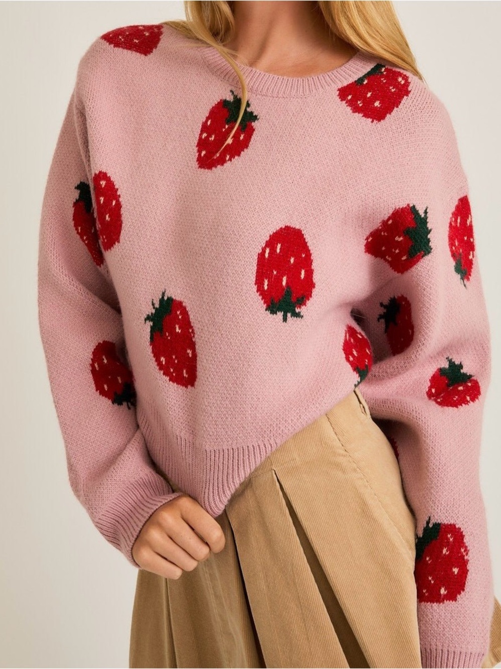 Le Lis Pink Strawberry-Print Crewneck Sweater